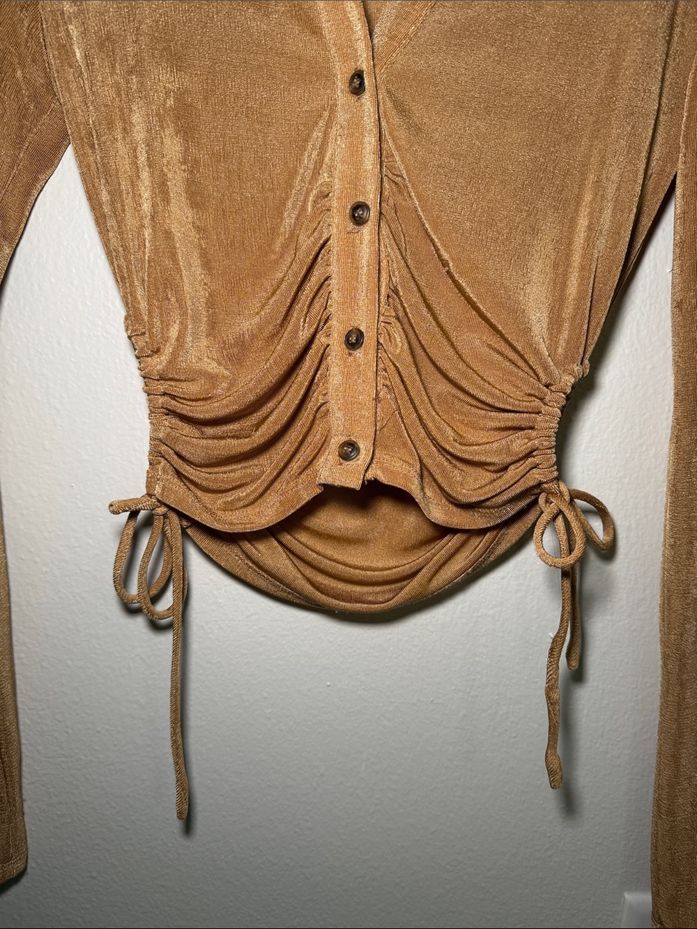 Forever 21 Tan Ruched Drawstring Button-Down Top - Picture 5 of 5